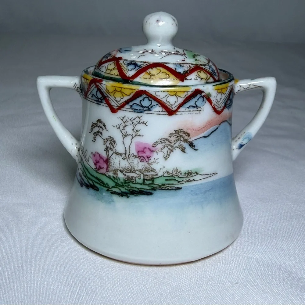 Antique Porcelain Nippon Mini Sugar Bowl Hand-Painted Japanese Scenic Geisha Art